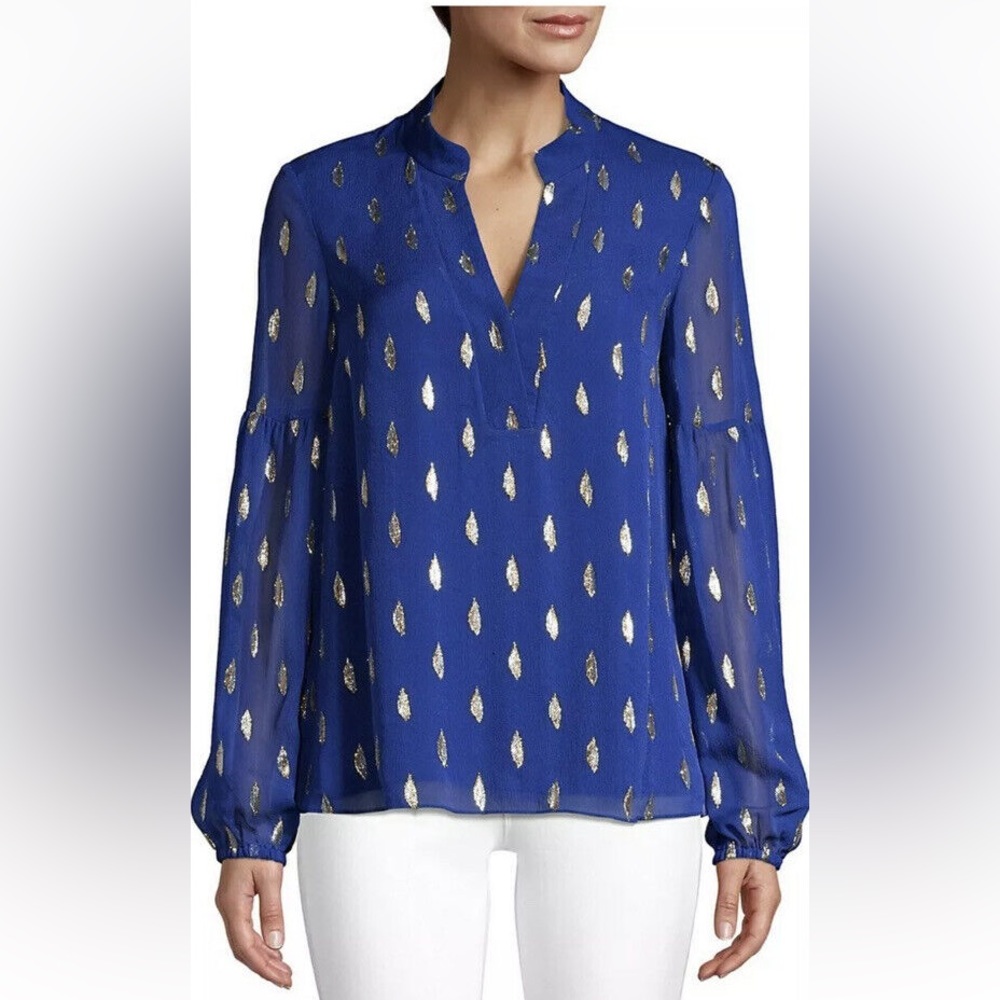 Lilly Pulitzer Shea Blue Metallic Silk Teardrop-Print Tunic